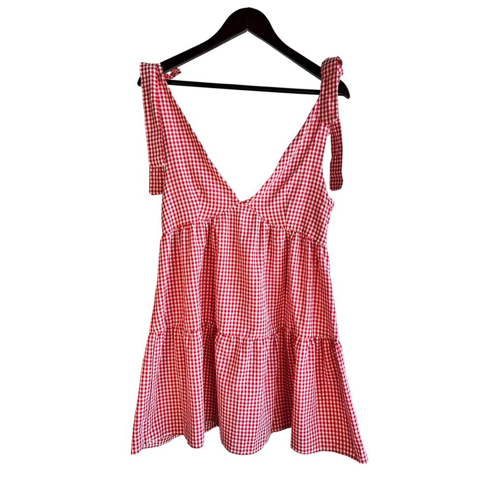 Boutique Red White Gingham Tie Shoulder Tiered Mini Dress Cottagecore